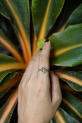 Gold Plated Labradorite Silver Ring shown worn on hand with natural Labradorite and polished gold plated silver.