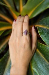 Handmade 925 sterling silver Pink Tourmaline ring shown worn on the hand, with a rose gemstone and sturdy silver band.