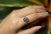 Gold-plated 925 sterling silver Labradorite ring shown worn on the hand, with smoky grey gemstone and warm gold band.