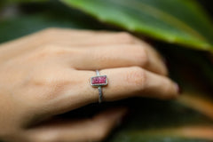Pink gem Tourmaline Rubellite - Stack Crystal Ring - Size 4 1/2 US - 925 Sterling Silver - Thin Band Hammer Textured