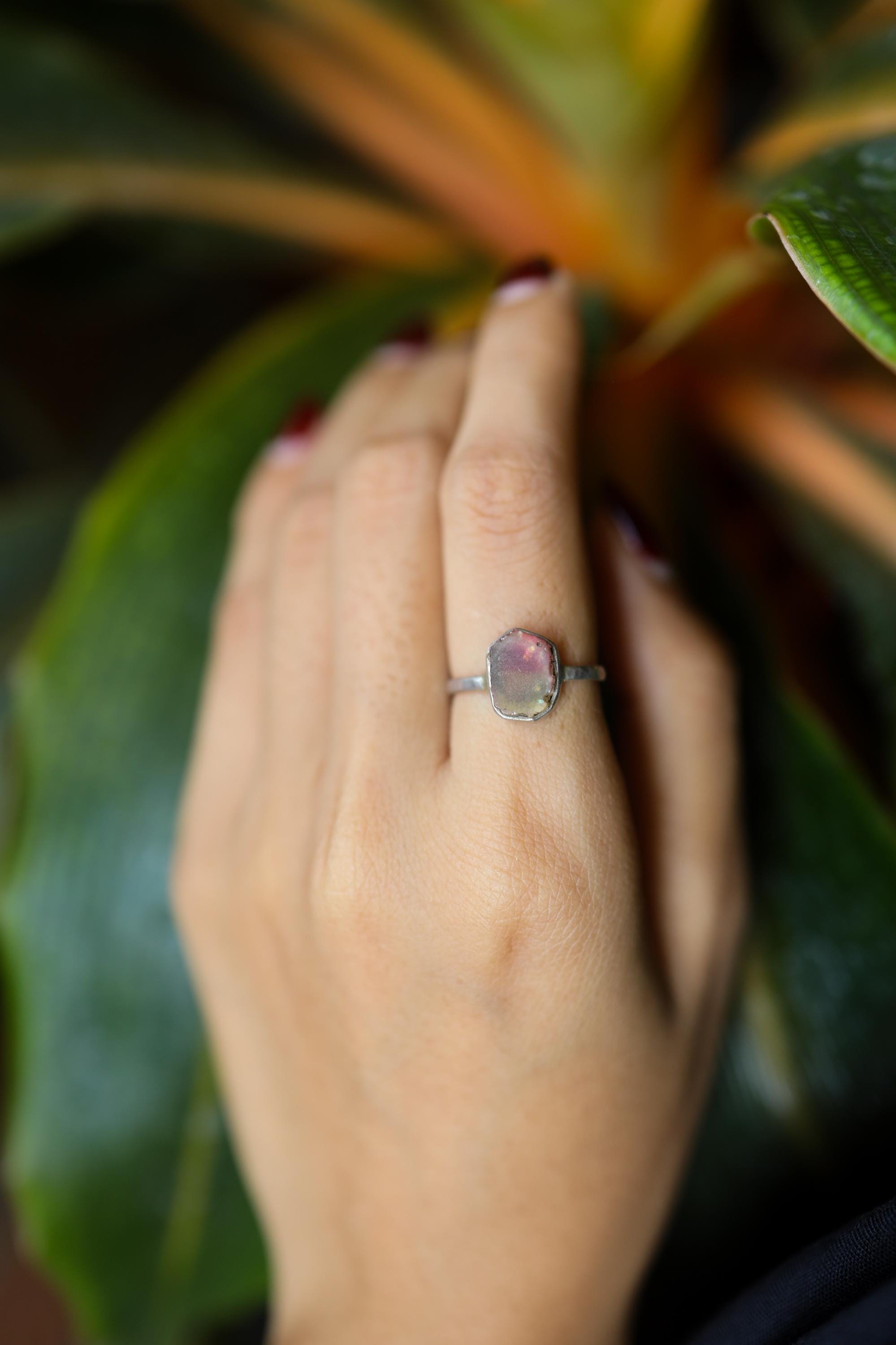 Pink Tourmaline Sterling Silver Ring - Hammered Band, Size 5 3/4