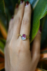 Gold-plated 925 sterling silver Watermelon Tourmaline stack ring shown worn on the hand, with pink green crystal colour zoning.