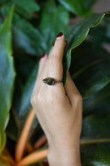 Raw Dioptase sterling silver ring worn on hand among green leaves.
