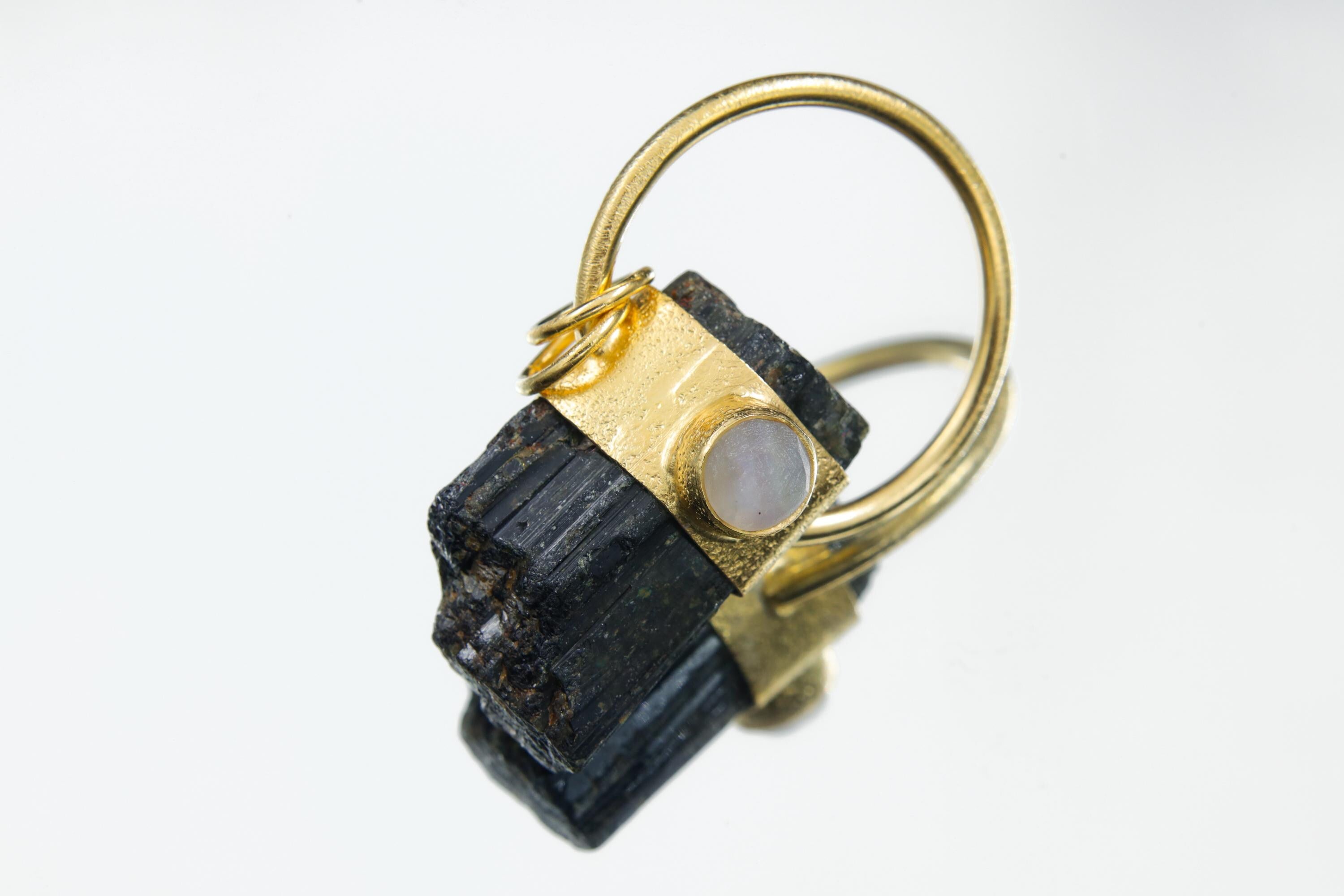 Raw Tourmaline Moonstone Pendant: Sand-Textured Sterling Silver, 18K Gold Plated