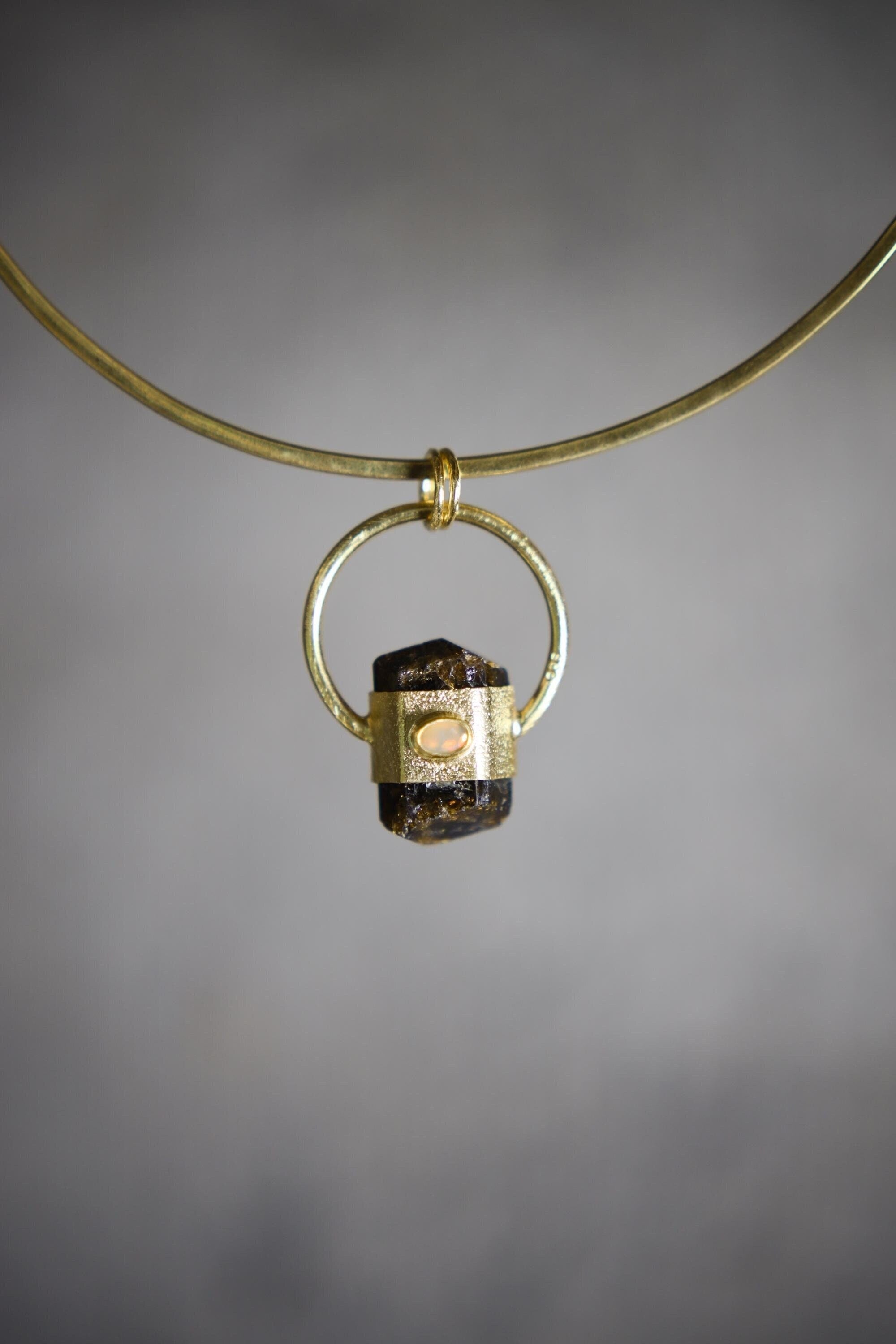 Brown Tourmaline & Ethiopian Opal Pendant: 18k Gold Plated Sterling Silver