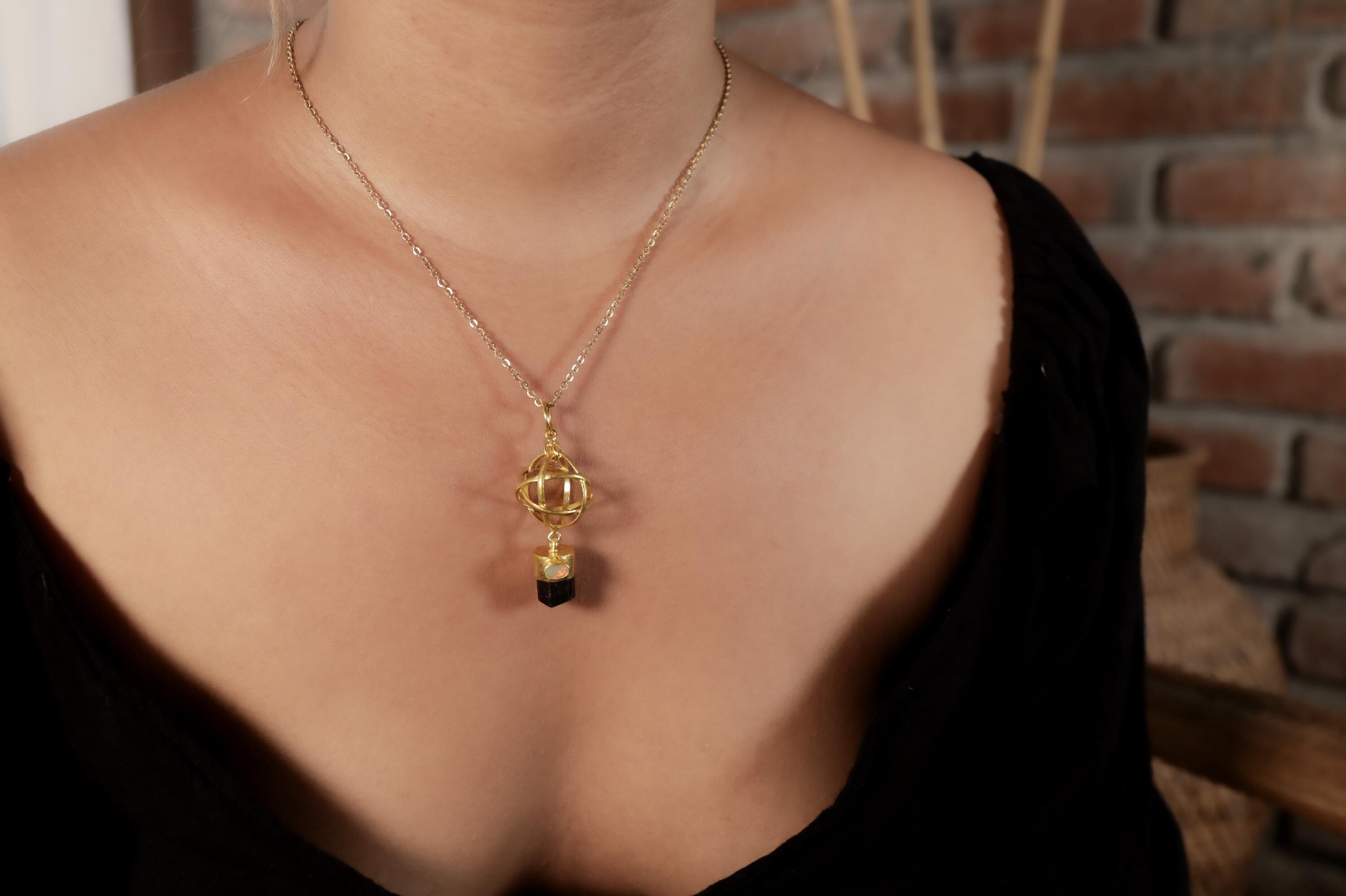 Brown Tourmaline & Opal Pendant: 18K Gold-Plated Sterling Silver, Libra Zodiac