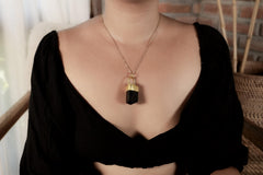 Dravite Tourmaline & Diamond Necklace: Textured Sterling Silver, 18K Gold Plated