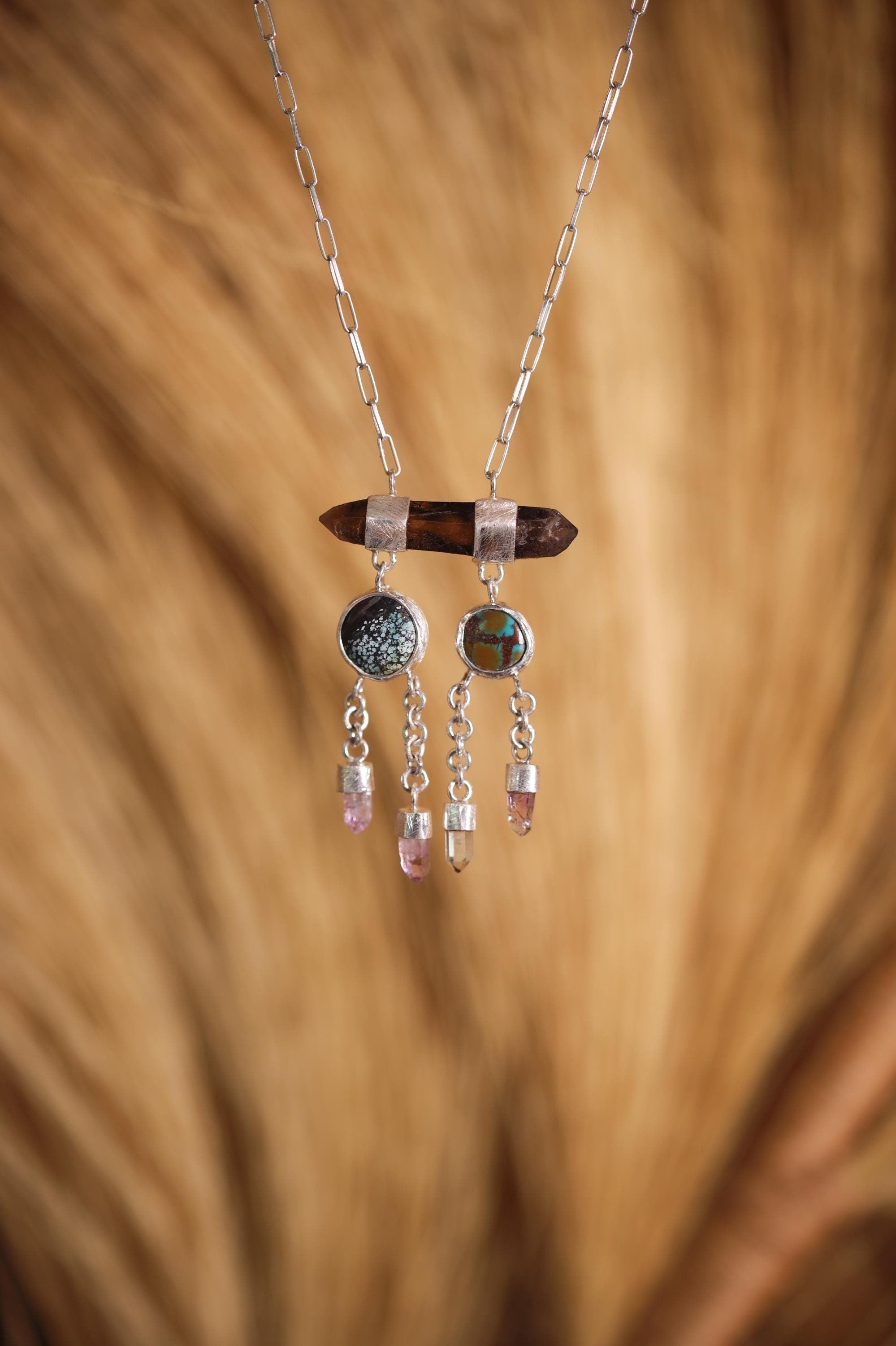 Smoky Quartz Dreamcatcher Pendant: Turquoise, Amethyst, Sterling Silver