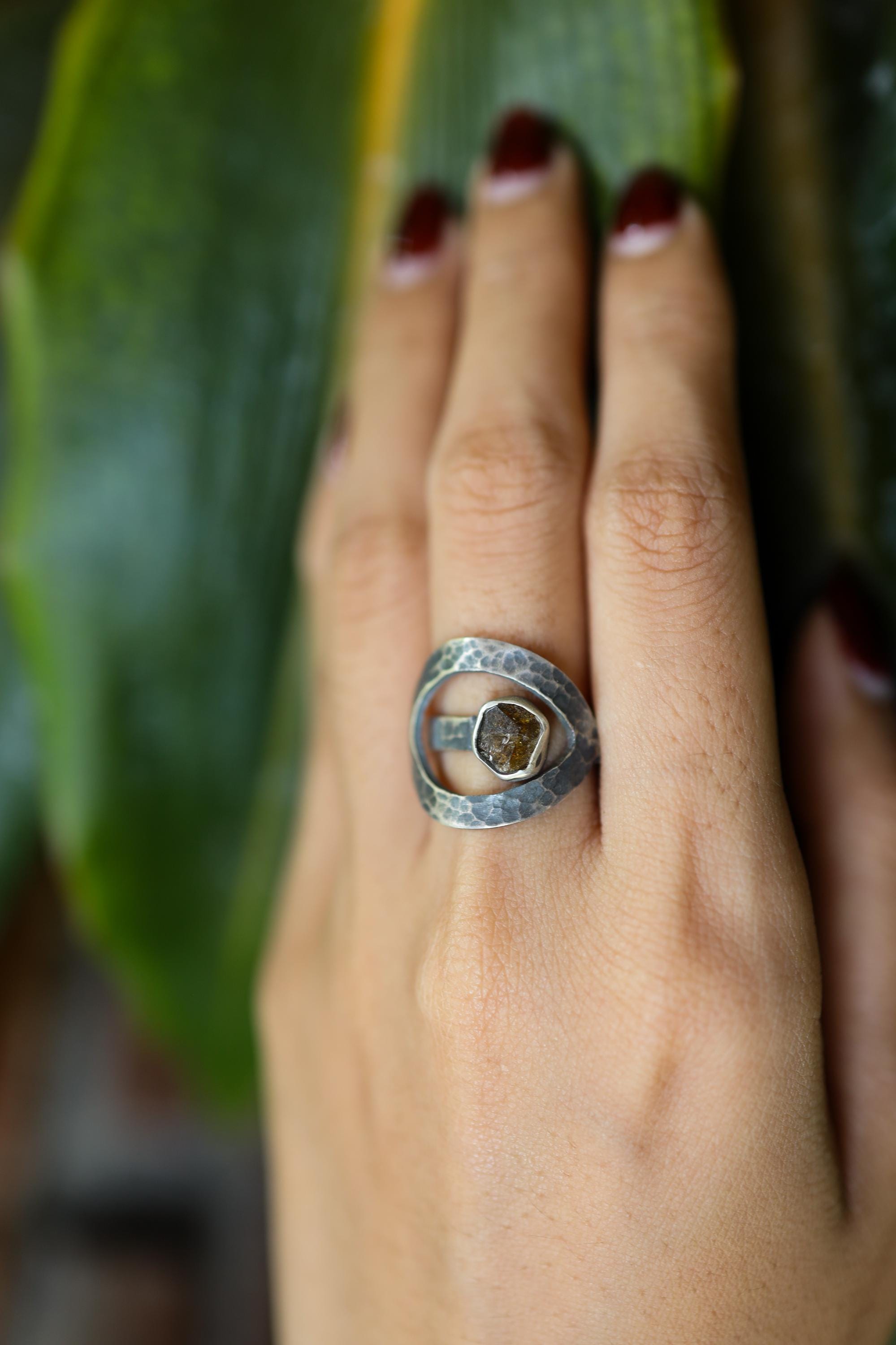 Brown Tourmaline Loop Ring 925 Sterling Silver Adjustable Textured Band Dravite Root Heart Chakra Gift