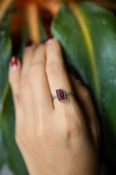 Handmade 925 sterling silver Pink Tourmaline ring shown worn on the hand, with a rose gemstone and sturdy silver band.