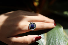 Round Brazilian Lapiz Lazuli - Oxidised Rustick Textured Dome Set- 925 Sterling Silver - Crystal Ring