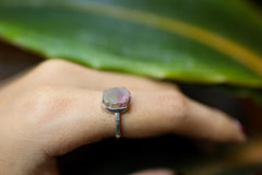 Pink Tourmaline Sterling Silver Ring shown worn on hand with natural pink stone and sturdy handmade setting.