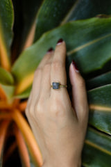 Gold-plated Pyrite ring shown on a light background, with a square metallic stone and handmade sterling silver band.