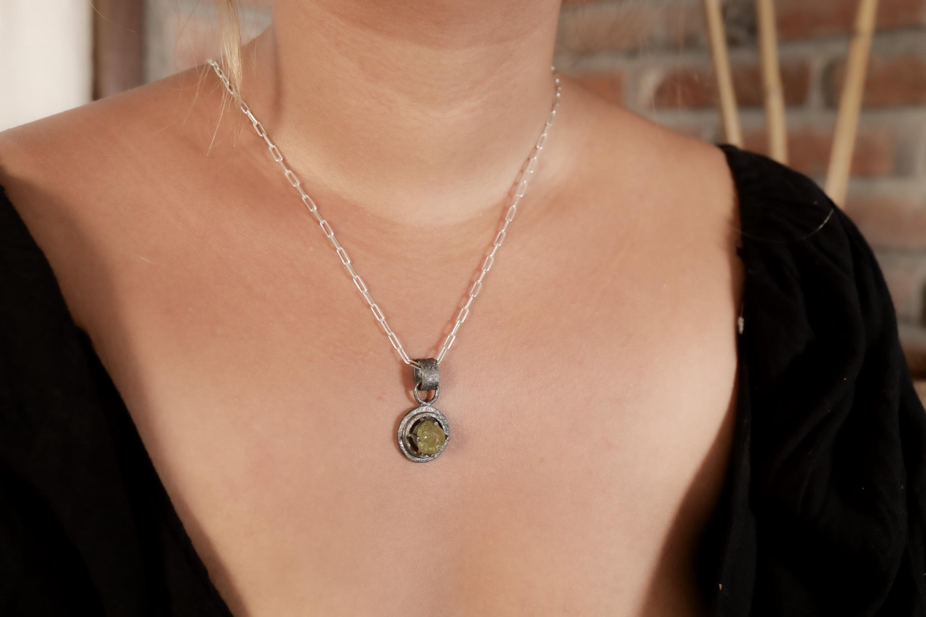 Oxidized Sterling Silver Peridot Pendant Necklace: Sand Textured Claw Setting