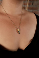 Small Black Onyx tooth pendant shown worn on a necklace, with 18k gold-plated sterling silver and dark protective stone.
