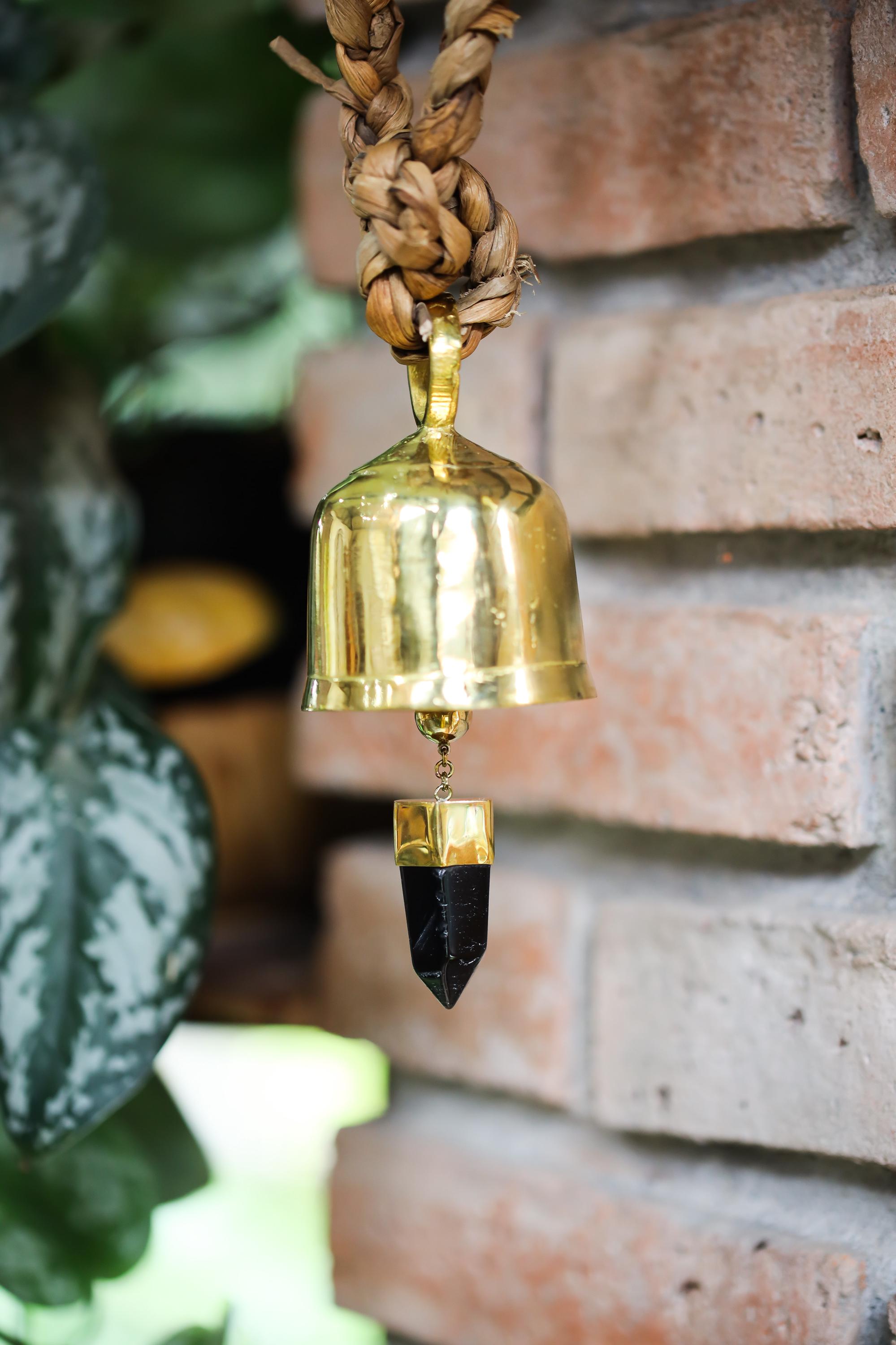 Smoky Quartz Hindu Prayer Bell: 18k Gold-Plated Bronze, Meditation Decor