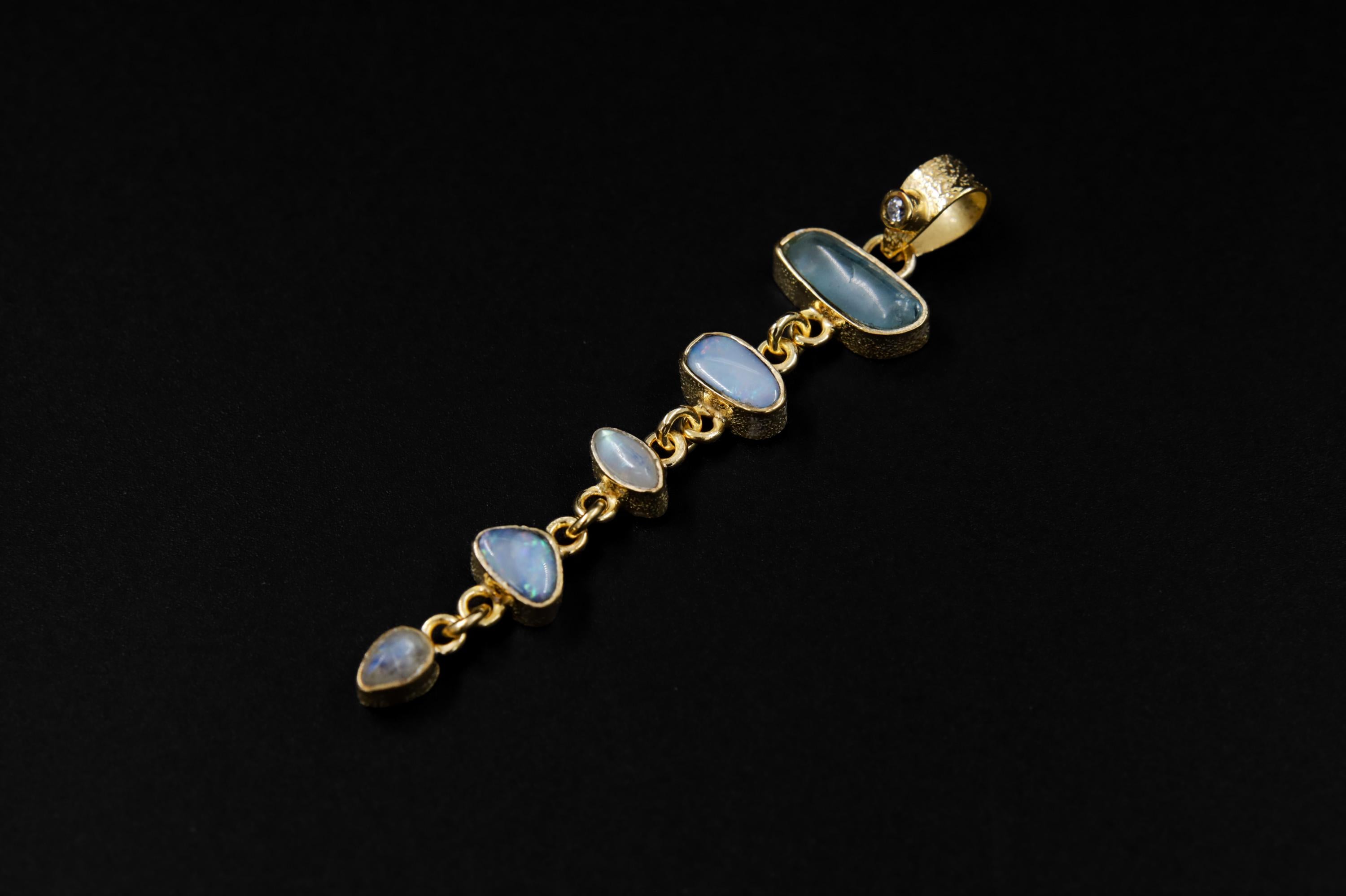 Gold Plated Gemstone Pendant: Zircon, Aquamarine, Opal & Moonstone