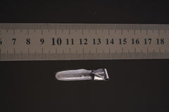 Water Clear Nepalese Inclusion Quartz pendant shown beside a ruler for scale with geometric oxidized silver cap.