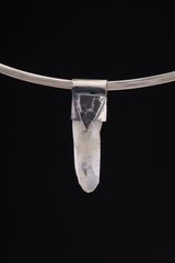 Water Clear Nepalese Inclusion Quartz pendant shown worn on a silver choker with dark oxidized 925 silver cap.
