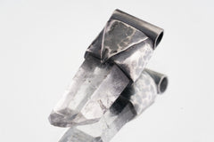 Water Clear Nepalese Inclusion Quartz Pendant shown on white background with hand-hammered geometric silver cap and clear crystal body.
