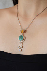 Turquoise Pendant with Three Dangling Moonstones and Radiant Carnelian, Textured Polished Sterling Silver