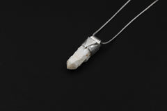 Australian Drusy Cathedral Candle Quartz Stack Pendant shown on black background with pale crystal body and textured silver cap.