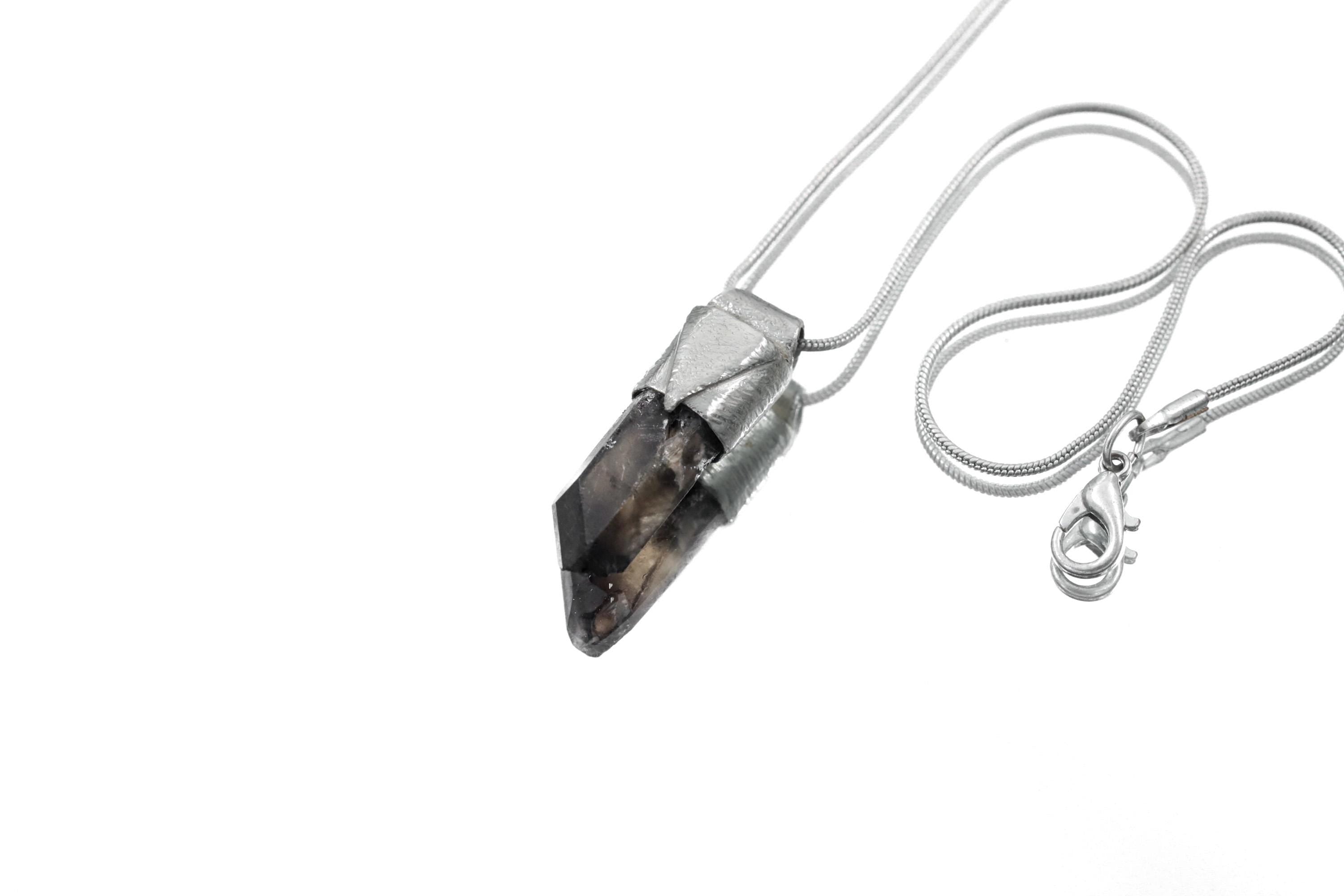 Australian Smoky Phantom Window Quartz Stack Pendant shown on white background with sterling silver cap and smoky crystal point.