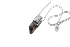 Australian Smoky Phantom Window Quartz Stack Pendant shown on white background with sterling silver cap and smoky crystal point.