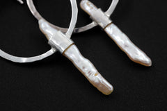 Pearl Hoop Dangle Earrings Hammer Textured Sterling Silver Shiny Finish Circle Portal Design Cancer Zodiac, Third Eye Chakra Unique Gift