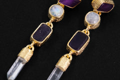 Amethyst, Blue Moonstone & Raw Quartz Earrings – 18K Gold Plated 3 Micron Sand Textured Studs, Third Eye Crown Chakra Unique Spiritual Gift