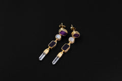 Amethyst, Blue Moonstone & Raw Quartz Earrings – 18K Gold Plated 3 Micron Sand Textured Studs, Third Eye Crown Chakra Unique Spiritual Gift