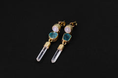 Moonstone Blue Apatite & Raw Quartz Earrings, Sand Textured, Sterling Silver Studs 18k 3 Micron Gold Plated Chakra Healing Spiritual Jewelry