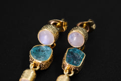 Moonstone Blue Apatite & Raw Quartz Earrings, Sand Textured, Sterling Silver Studs 18k 3 Micron Gold Plated Chakra Healing Spiritual Jewelry