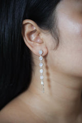 Blue Moonstone Clear Quartz earrings shown worn on the ear, with long sterling silver gemstone cascade design.