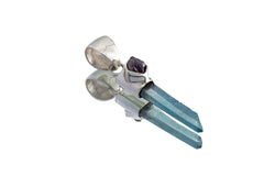 Aqua Aura Quartz and Amethyst clarity pendant shown on white background with natural crystal points and polished silver setting.