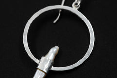 Pearl Hoop Dangle Earrings Hammer Textured Sterling Silver Shiny Finish Circle Portal Design Cancer Zodiac, Third Eye Chakra Unique Gift