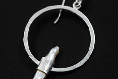 Pearl Hoop Dangle Earrings Hammer Textured Sterling Silver Shiny Finish Circle Portal Design Cancer Zodiac, Third Eye Chakra Unique Gift