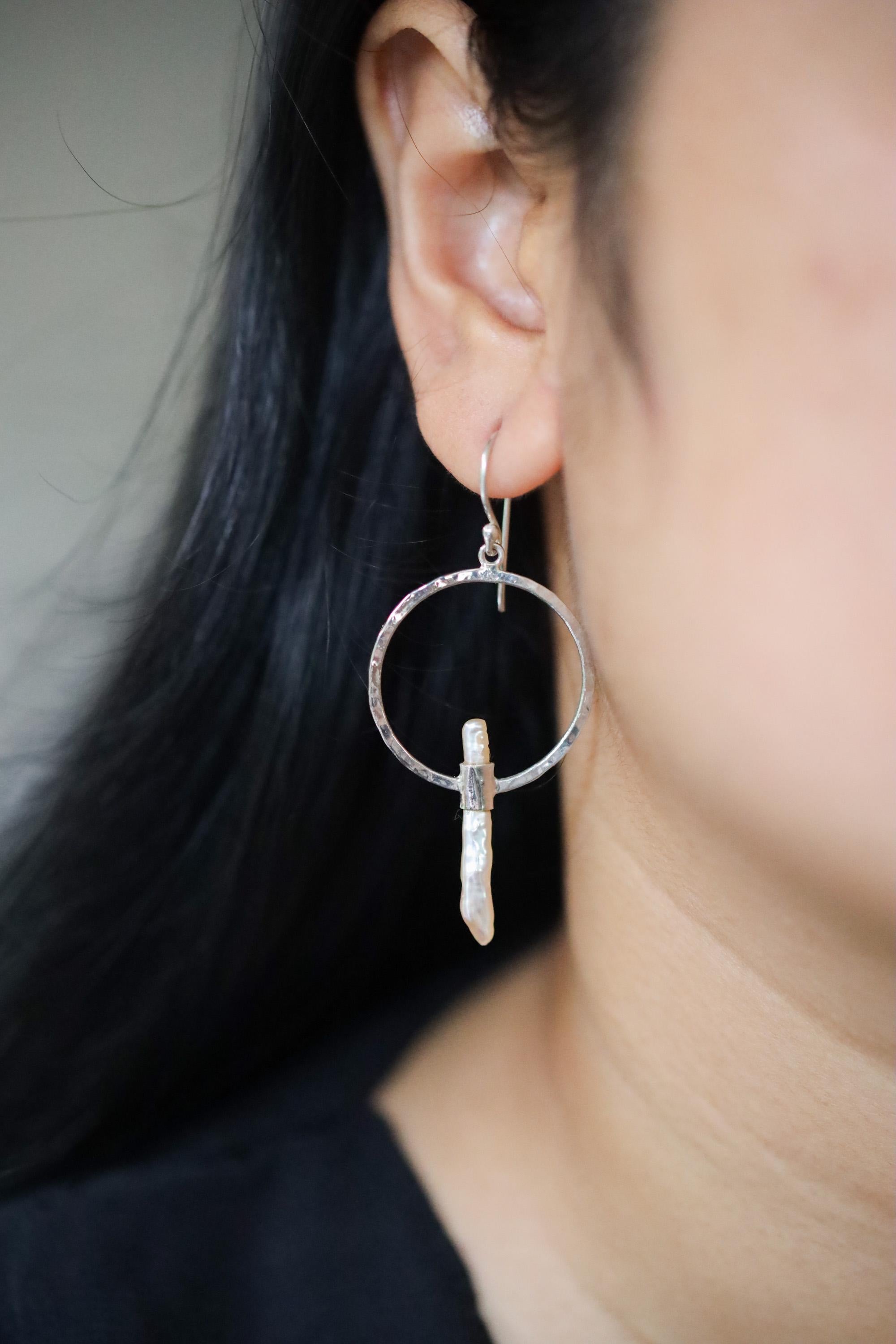 Pearl Hoop Dangle Earrings Hammer Textured Sterling Silver Shiny Finish Circle Portal Design Cancer Zodiac, Third Eye Chakra Unique Gift