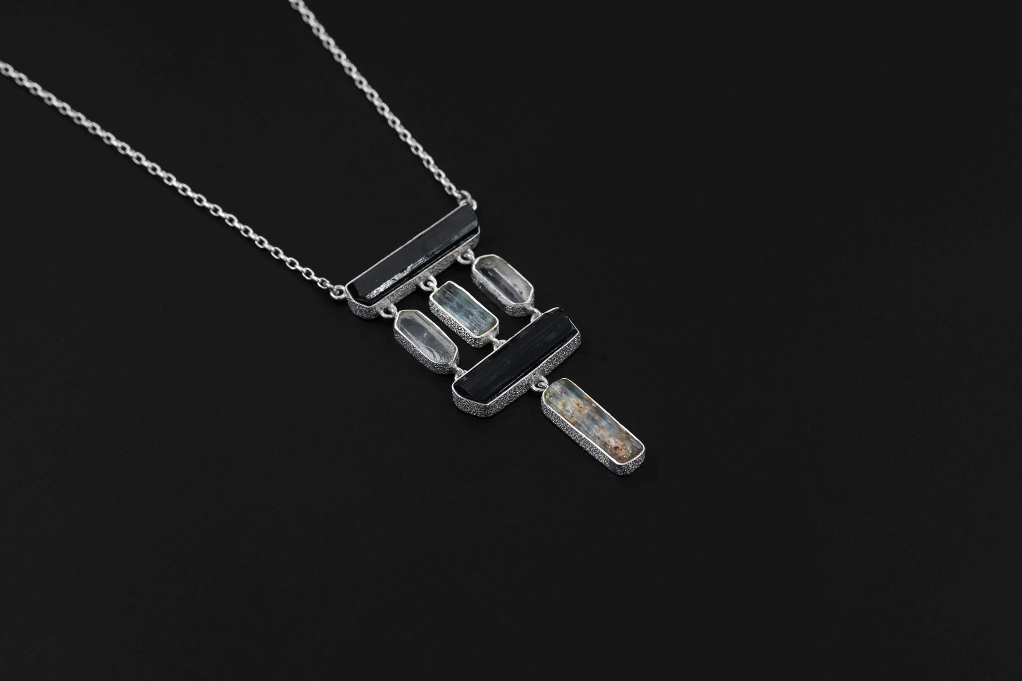 Black Tourmaline Aquamarine 925 Silver Pendant, Geometric Rolo Chain