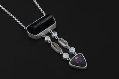 Dravite Tourmaline, Moonstone, Quartz & Rubellite Pendant, 925 Silver Organic Texture, Chakra Healing Crystal Jewelry, Boho Gift