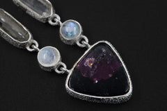 Dravite Tourmaline, Moonstone, Quartz & Rubellite Pendant, 925 Silver Organic Texture, Chakra Healing Crystal Jewelry, Boho Gift