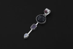 Garnet, Tektite, Amethyst, Blue Moonstone Pendant, 925 Silver, High Polish, Organic Textured Finish, Chakra Jewelry, Unique Gift for Her