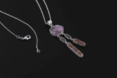 Dream Catcher Dangle Raw Gem Ruby, Petroleum Smoky Quartz & Rare Red Gem Kyanite Pendant, 925 Silver, Organic Texture, Crystal talisman Gift