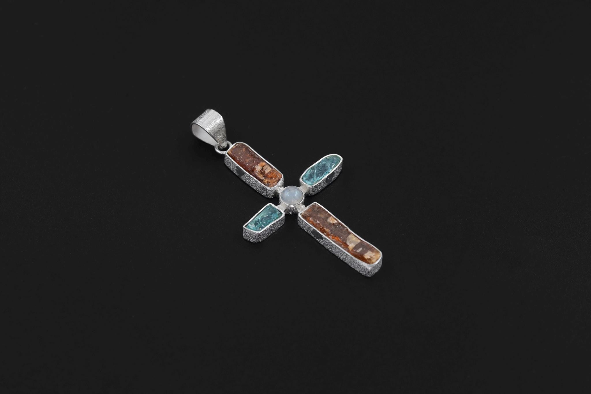 Red Kyanite Moonstone Cross Pendant: Raw Stone 925 Sterling Silver