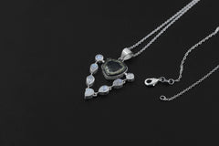 Spiritual Talisman Jewelry, Green Gem Tourmaline Slice, Blue Teardrop Moonstone Pendant, 925 Silver, Polished Organic Texture, Unique Gift