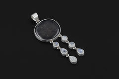 Shungite Moonstone Dangle Pendant, 925 Sterling Silver, Organic Texture