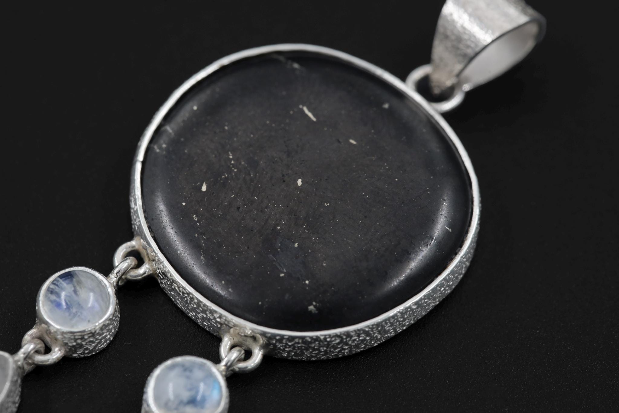 Shungite Moonstone Necklace 925 Silver Statement Pendant Blue Flash Dangle Strands Lunar Talisman Jewelry