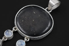 Shungite Moonstone Necklace 925 Silver Statement Pendant Blue Flash Dangle Strands Lunar Talisman Jewelry