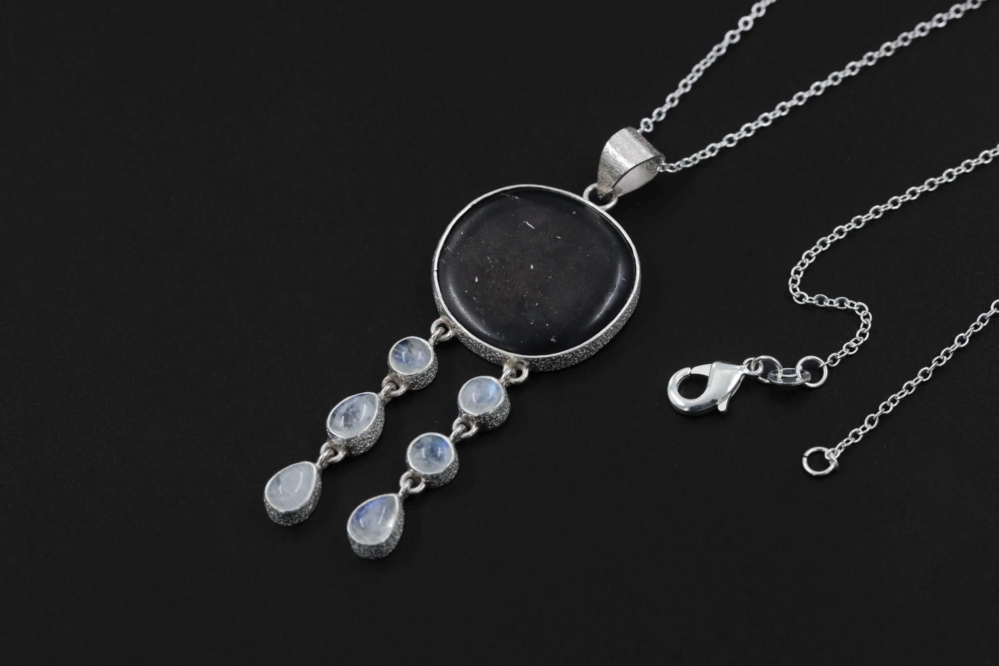 Shungite Moonstone Necklace 925 Silver Statement Pendant Blue Flash Dangle Strands Lunar Talisman Jewelry
