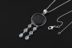 Shungite Moonstone Necklace 925 Silver Statement Pendant Blue Flash Dangle Strands Lunar Talisman Jewelry